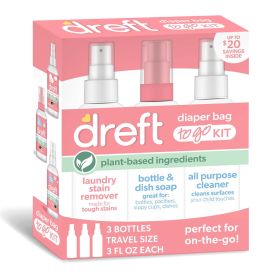 Dreft Diaper Bag To Go Kit Baby Essentials Gift Set with Laundry Stain Remover, Bottle Soap, and Surface Cleaner, Travel Size, 3 Pieces